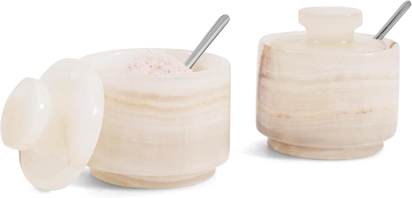 Spoon3 Inch Countertop Salt Cellar with Lid and White Onyx Salt and Pepper Dish, Marble Sugar and Salt Bowls, Ideal
