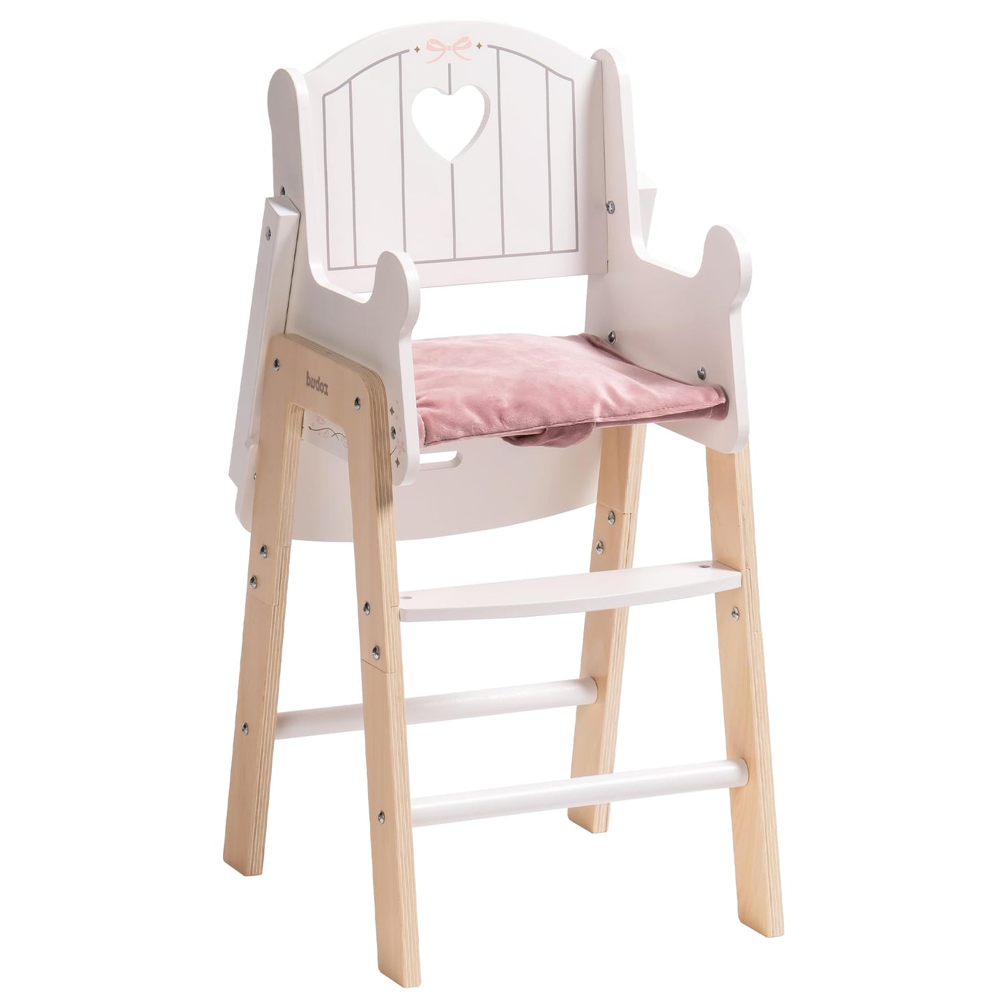 ROBUD Play High Chair, Pretend Play High Chair with Cushion, Movable Table, Wooden Baby Doll Accessories, Fits 18-20 Inch Dolls, White