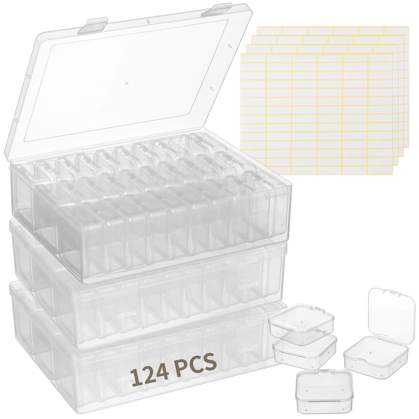 120Pcs Bead Organizer Box, Small Clear Plastic Bead Storage Containers, 4 Craft Storage Boxes with Hinged Lid, 336 Labels, Mini Box for Jewelry Making Bracelets Beading Nails Screws Seeds Small Parts
