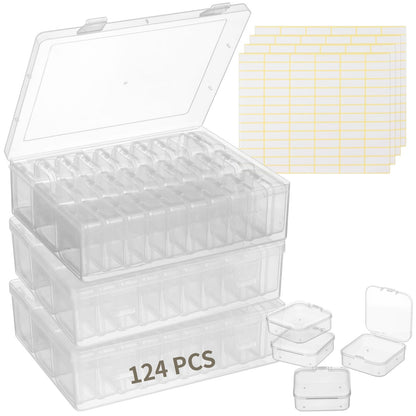 120Pcs Bead Organizer Box, Small Clear Plastic Bead Storage Containers, 4 Craft Storage Boxes with Hinged Lid, 336 Labels, Mini Box for Jewelry Making Bracelets Beading Nails Screws Seeds Small Parts