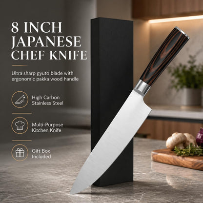 8 Inch Japanese Chef Knife, High Carbon Stainless Steel Kitchen Knife with Ergonomic Pakka Wood Handle, Ultra Sharp Gyuto Cooking Knife with Gift Box for Home & Professional Chefs