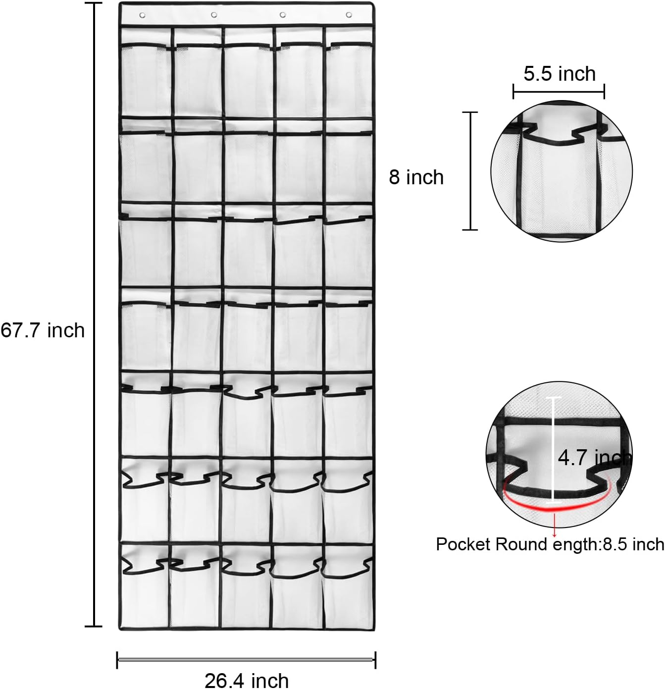 2 Pack 35 Closet 8Hooks, (67.7'' 26.4'') Breathable Mesh Pockets Large Hanging Shoe Organizer Over The Door Shoe Rack