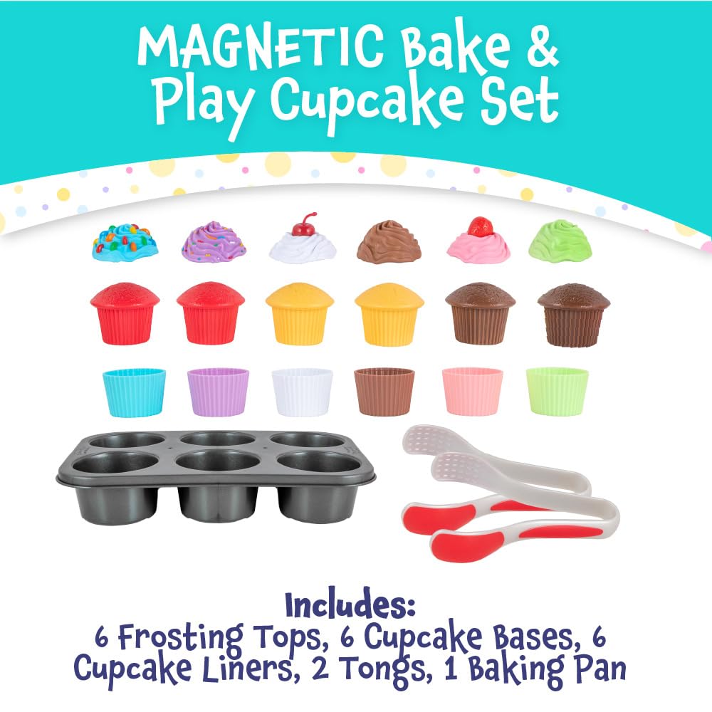 Popular Playthings Magnetic Bake & Play Cupcakes Toy Set, Pretend Cupcake Kitchen Kit for Kids, Gifts for Toddler Girls - 20 Pieces
