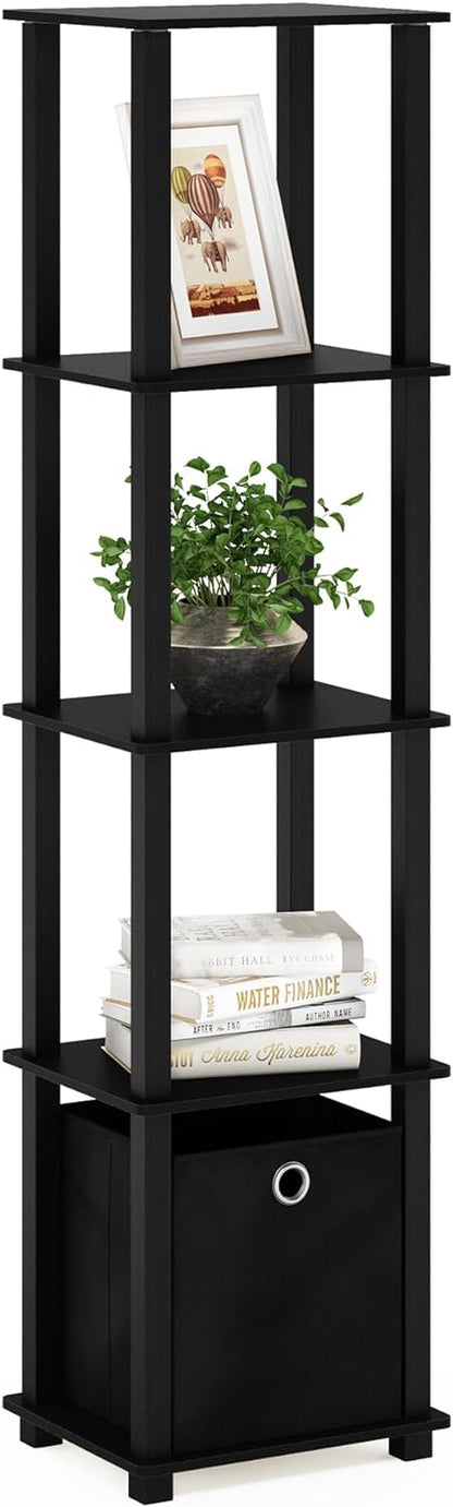 5-Tier FURINNO Black Decorative Shelf with Fabric Bin - Slim Design
