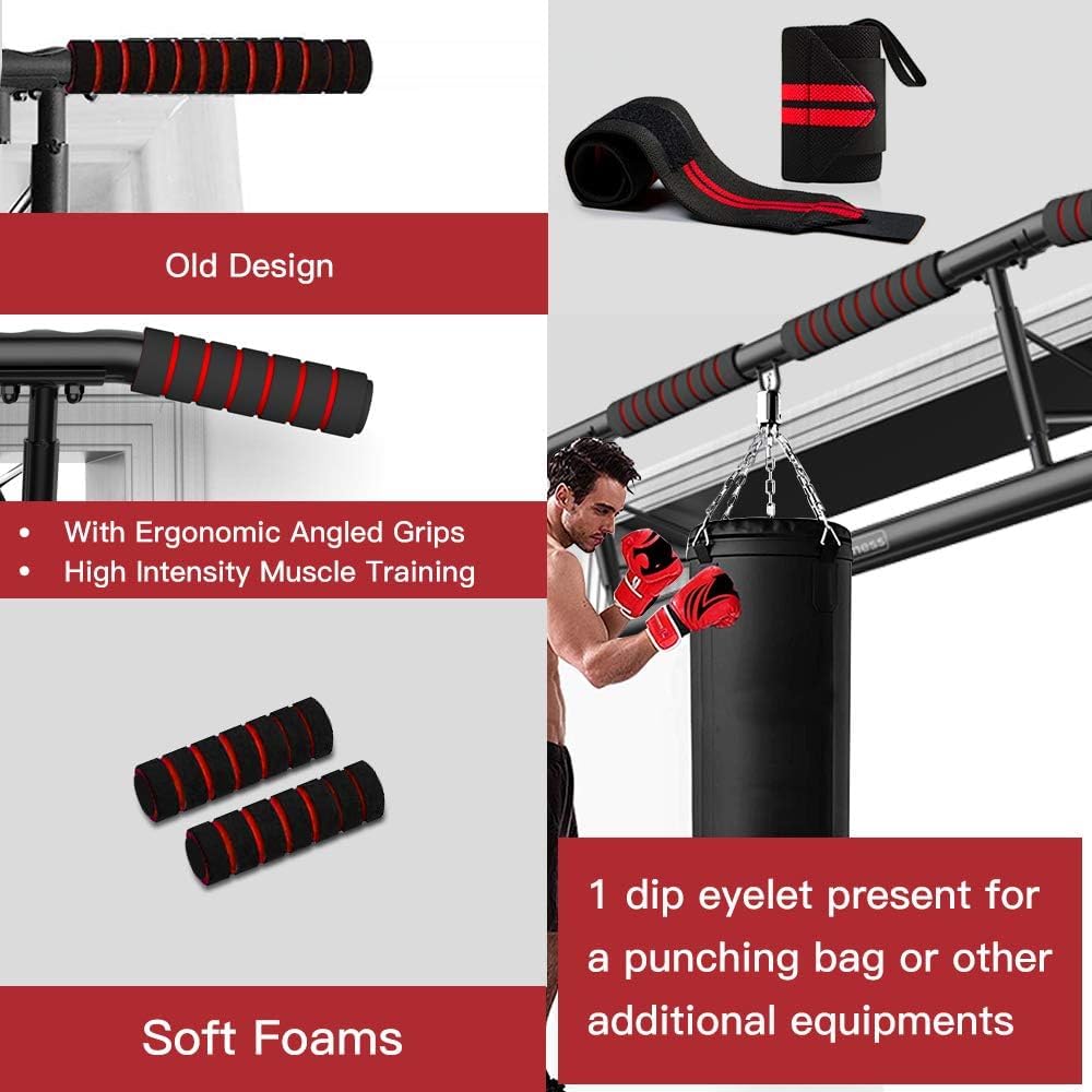AmazeFan Pull Up Bar, Doorway Mount with Ergonomic Grip - Fitness Chin-Up Frame for Home Gym Exercise, 400 lbs Capacity, Alloy Steel, Foldable - Includes 2 Wrist Straps & Workout Guide