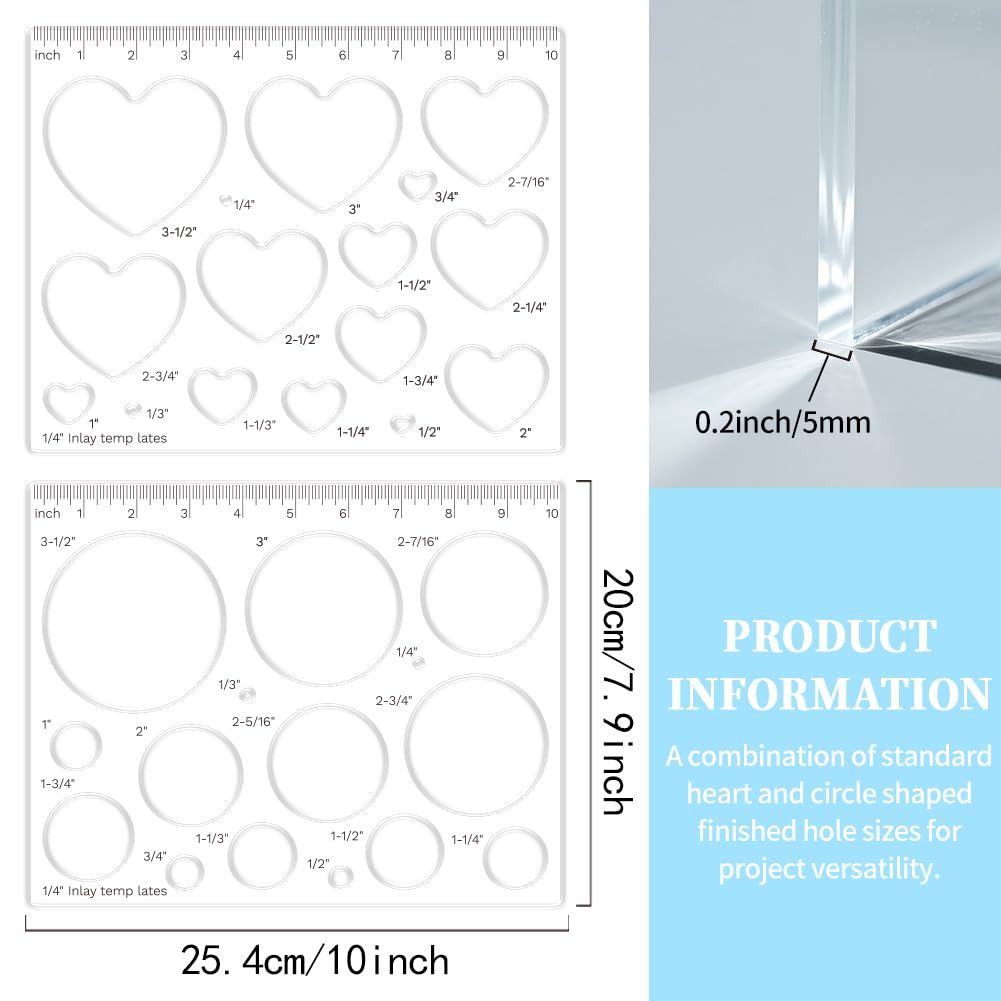 GLASSWINDS 2 Pcs 15 in 1 Acrylic Router Templates for Woodworking Heart Inlay Template Decorative Router Jig Circle Template for Drawing Cut Guide Inlay Tools Accessories