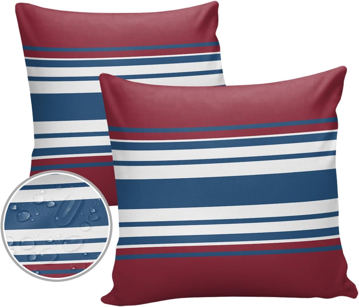 Navy Blue Burgundy Red Color Stripe Outdoor Pillow Covers Set of 2, Waterproof Throw Pillow Case, Cotton Linen
