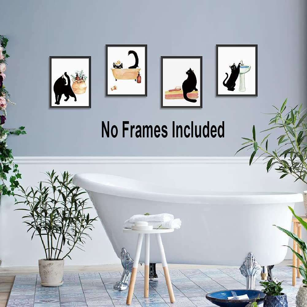 LHIUEM Black Cat Bathroom Decor, Funny Wall Art Set of 4, 8"X10", Unframed, Kitten Pictures