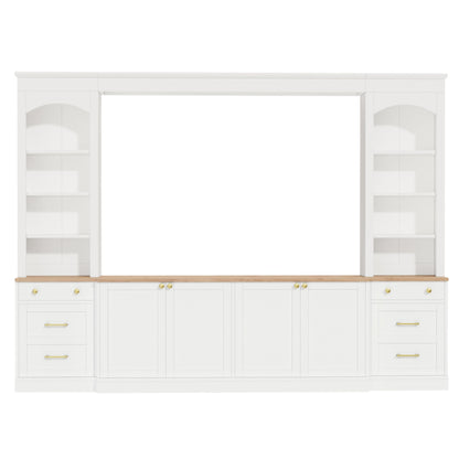 Merax Farmhouse 106-Inch Arched Entertainment Wall Unit Set with Adjustable Shelves, TV Stand for Televisions Up to 70'', Mid-Century Large Media Console with Drawers for Living Room, White
