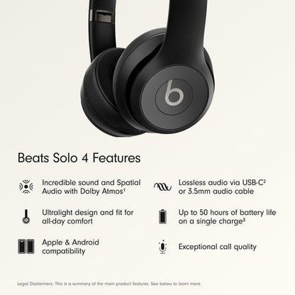 Beats Solo 4 Wireless On-Ear Bluetooth Headphones - 50-Hour Battery Life, Ultra-Lightweight Comfort | Matte Black