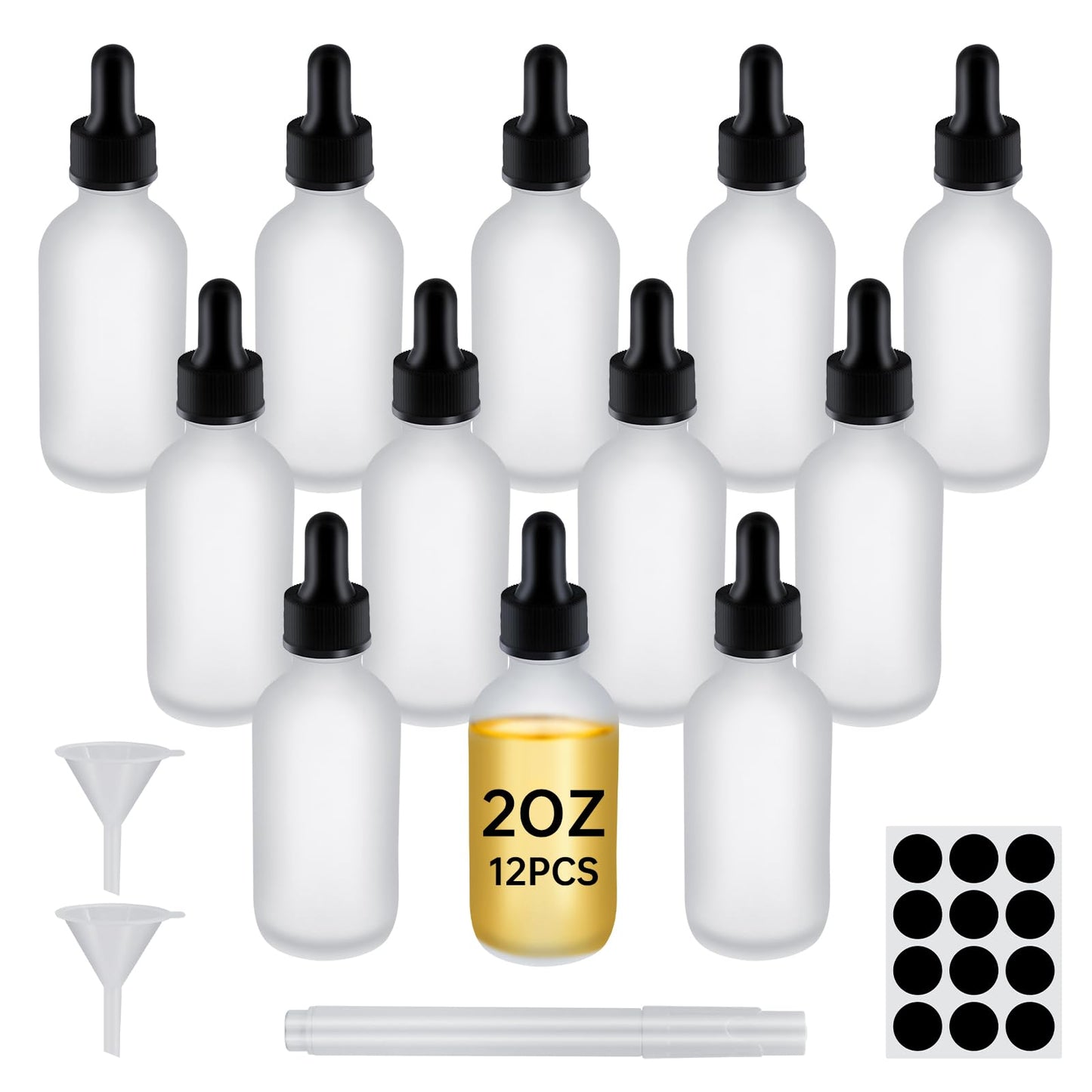 REUJIHXY 12Pcs 2 oz Clear Frosted Glass Dropper Bottle 60ml, Tincture Bottles with Glass Dropper, for Essential Oils, Aromatherapy, Cosmetic, Laboratory, Pharmacy, Liquids, Travel (12)