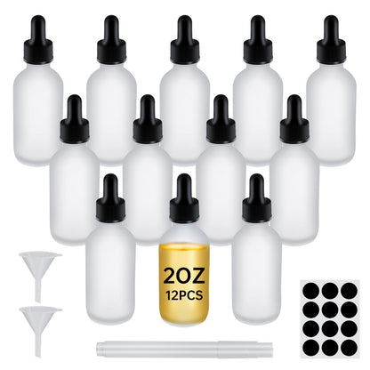 REUJIHXY 12Pcs 2 oz Clear Frosted Glass Dropper Bottle 60ml, Tincture Bottles with Glass Dropper, for Essential Oils, Aromatherapy, Cosmetic, Laboratory, Pharmacy, Liquids, Travel (12)