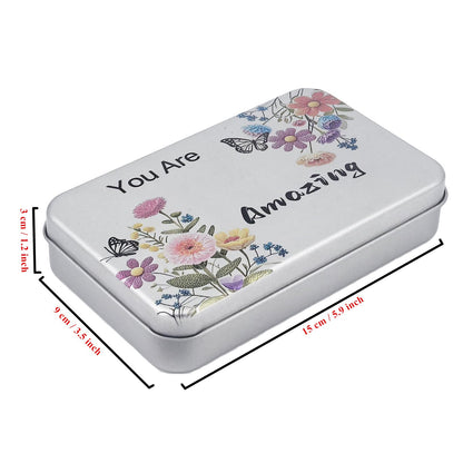 Goodma 6 Pack Rectangular Metal Tins Storage Organizer Gift Boxes with Inspirational Quotes & Flowers Image Pattern on the Lid, 5.9 x 3.5 x 1.2 inch (Silver)