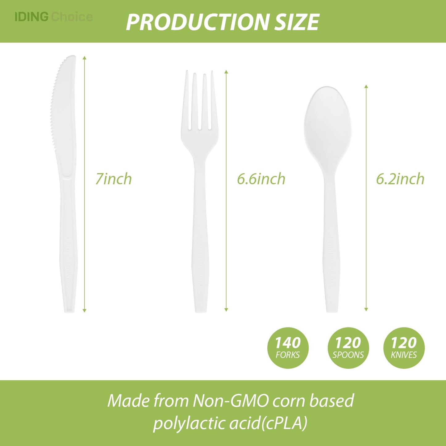 IDING Choice 380 Count Heavy Duty Compostable Cutlery Set 140 plastic forks 120 spoons 120 knives eco-friendly no plastic silverware compostable utensils for Weddings, Parties, Office, Camping, Picnic