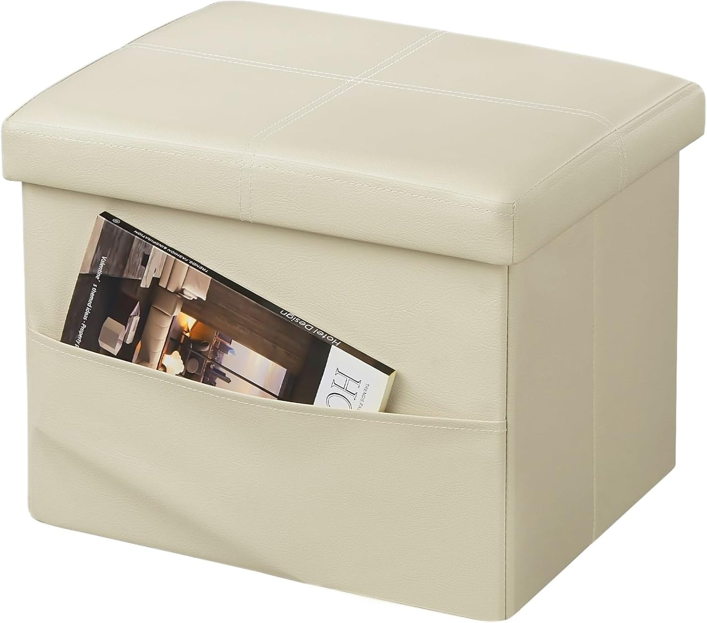 16 inch (Beige-2) AmasSmile Storage Ottoman Folding Foot Rest Stool with Side Pocket, Leather Footstool Bench, Short