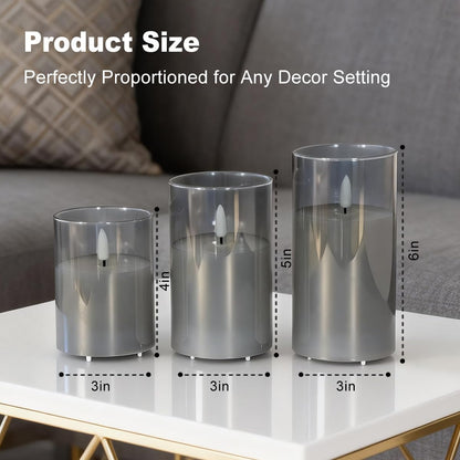 NICE POINT Rechargeable Flameless Candles, Flickering LED Flame Pillar Glass Fake Candles with Remote and Timer,Real Wax Flameless Candles for Living Room, Bedroom & Holiday Décor(Gray)