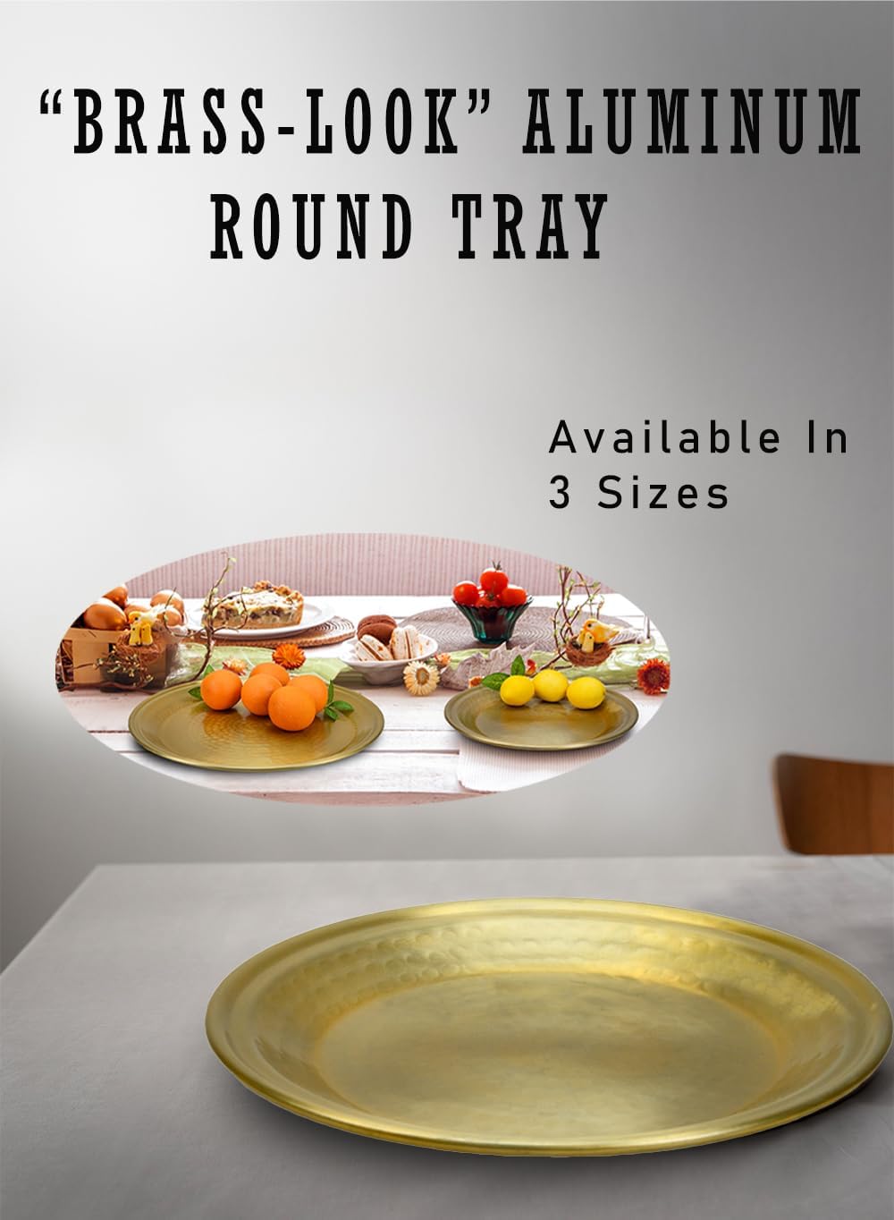 12" Serene Spaces Living Brass-Look Aluminum Round Tray, Handcrafted in India, Decorative Vanity Tray, Organizer