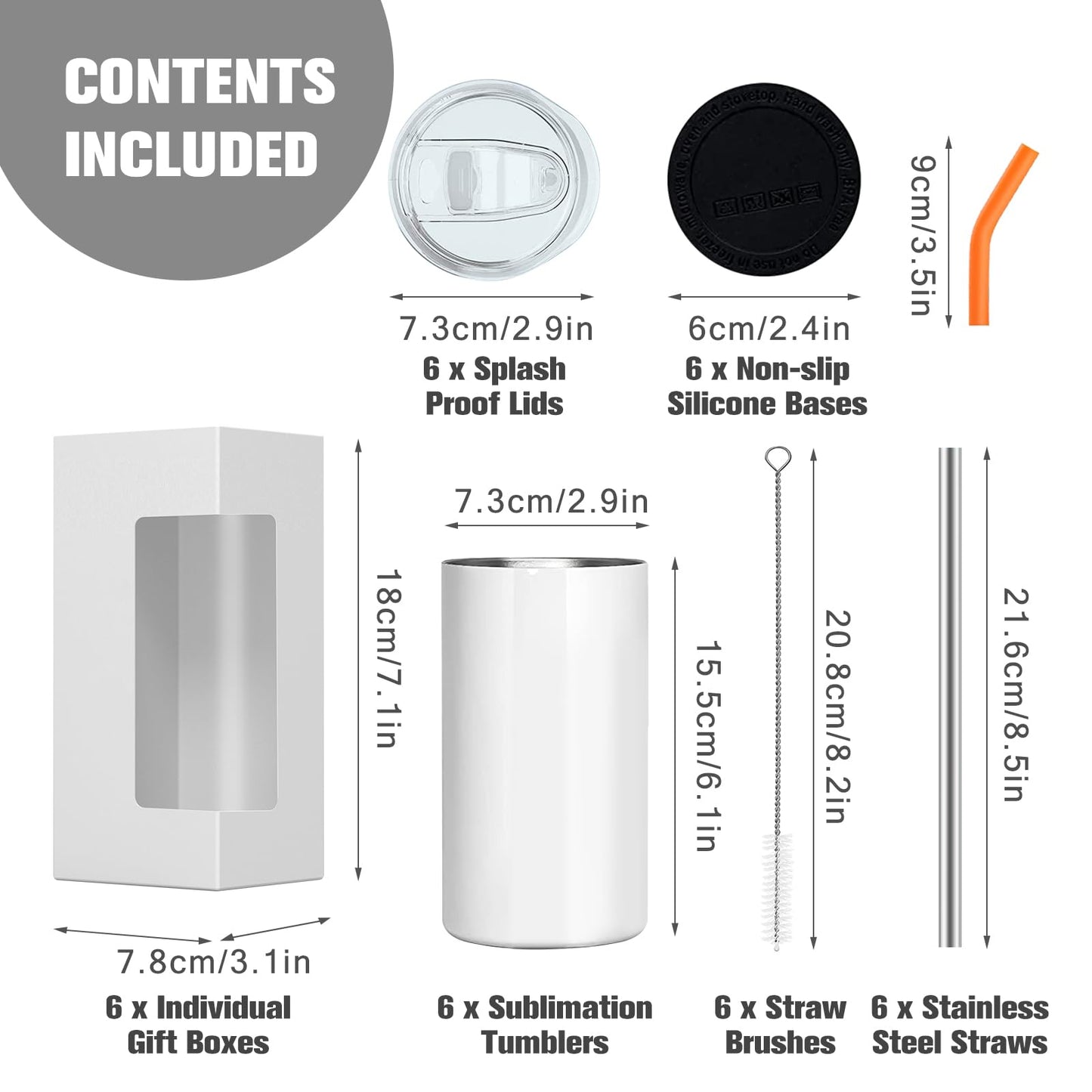 BetterSub 6 Pcs 15 oz Double Wall Insulated Stainless Steel Sublimation Blanks Tumblers White with Lid, Metal Straw, Brush, Display Box for Home, Travel