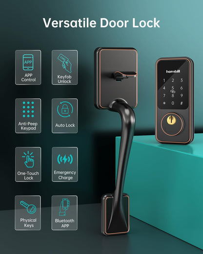 Keyless Entry Door Lock with Handles, Hornbill Smart Front Door Lock Set, Alexa Front Exterior Door Set, Digital Touchscreen via Bluetooth APP/Keyfob/Key-Matte Black(Not Compatible Gram/Screen Door)