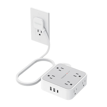 TESSAN Surge Protector Power Strip, 5 Ft Flat Plug Extension Cord with 3 USB (1 USB C) 8 Outlets, 900J Surge Protection, 3 Sided Outlet Extender with Power Switch for Office, Dorm Room Essentials