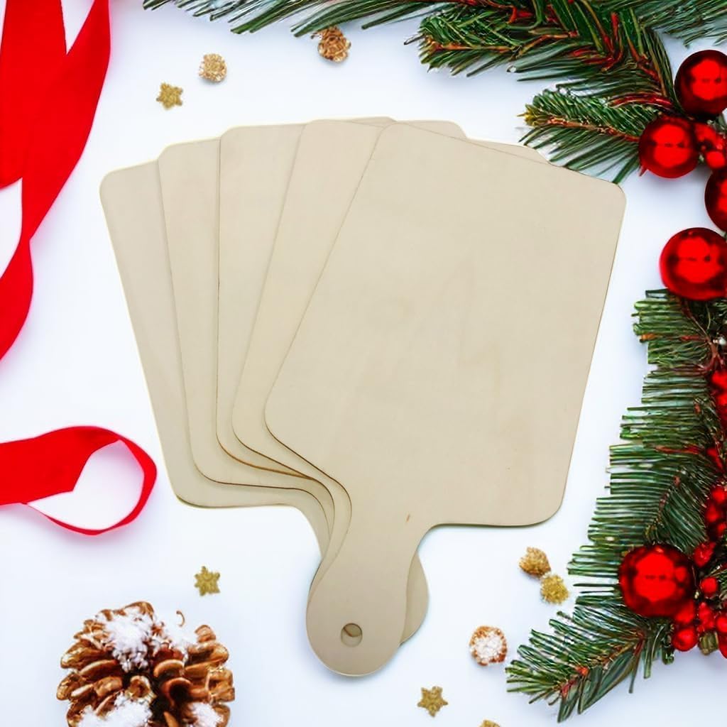5 Pack Unfinished Wood Cutting Board, 11.8"L x 6.3"W, Wooden Paddle Cheese Bread Board Set for Craft