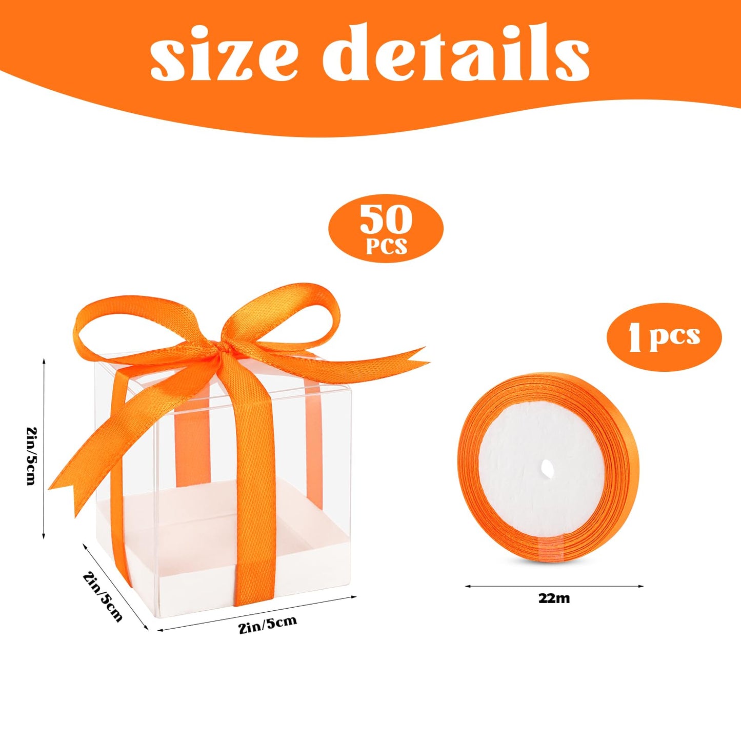 Hxezoc 50 Pack Favor Boxes 2x2x2 Inches Clear Candy Treat Boxes with Orange Ribbons, Mini Plastic Gift for Wedding, Birthday Party, Baby Shower, Classroom Decoration Supplies