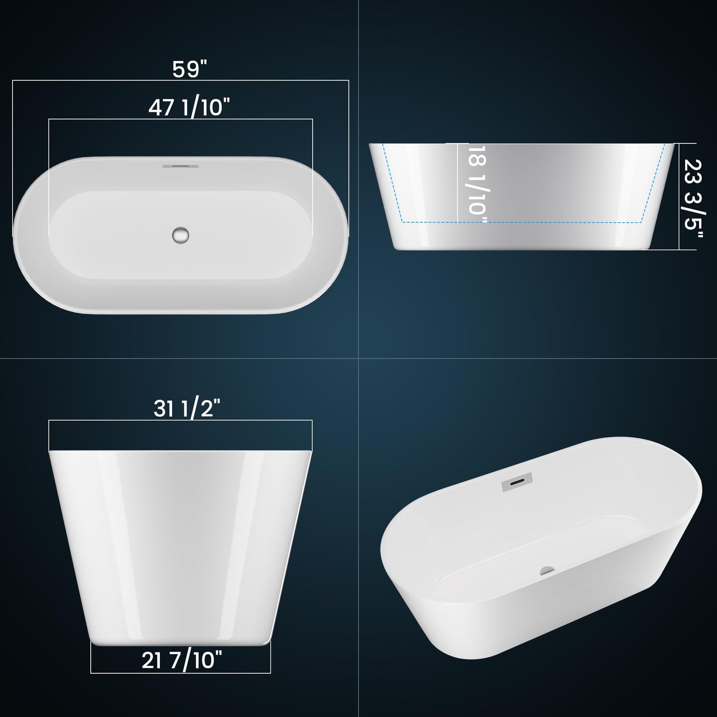 59 Inch Freestanding Bathtub, Acrylic Free Standing Bath Tub with Integrated Overflow & Drain, Modern Oval Stand Alone Tub for Home Spa, White