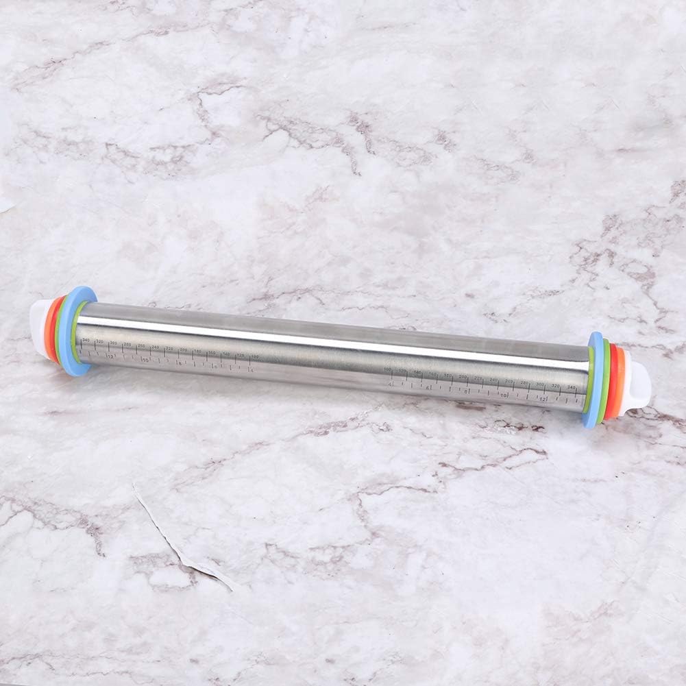 Stainless Steel Rolling Pin, Non-stick Adjustable Cake Dough Roller with Thickness Ring, Bakeware Tool