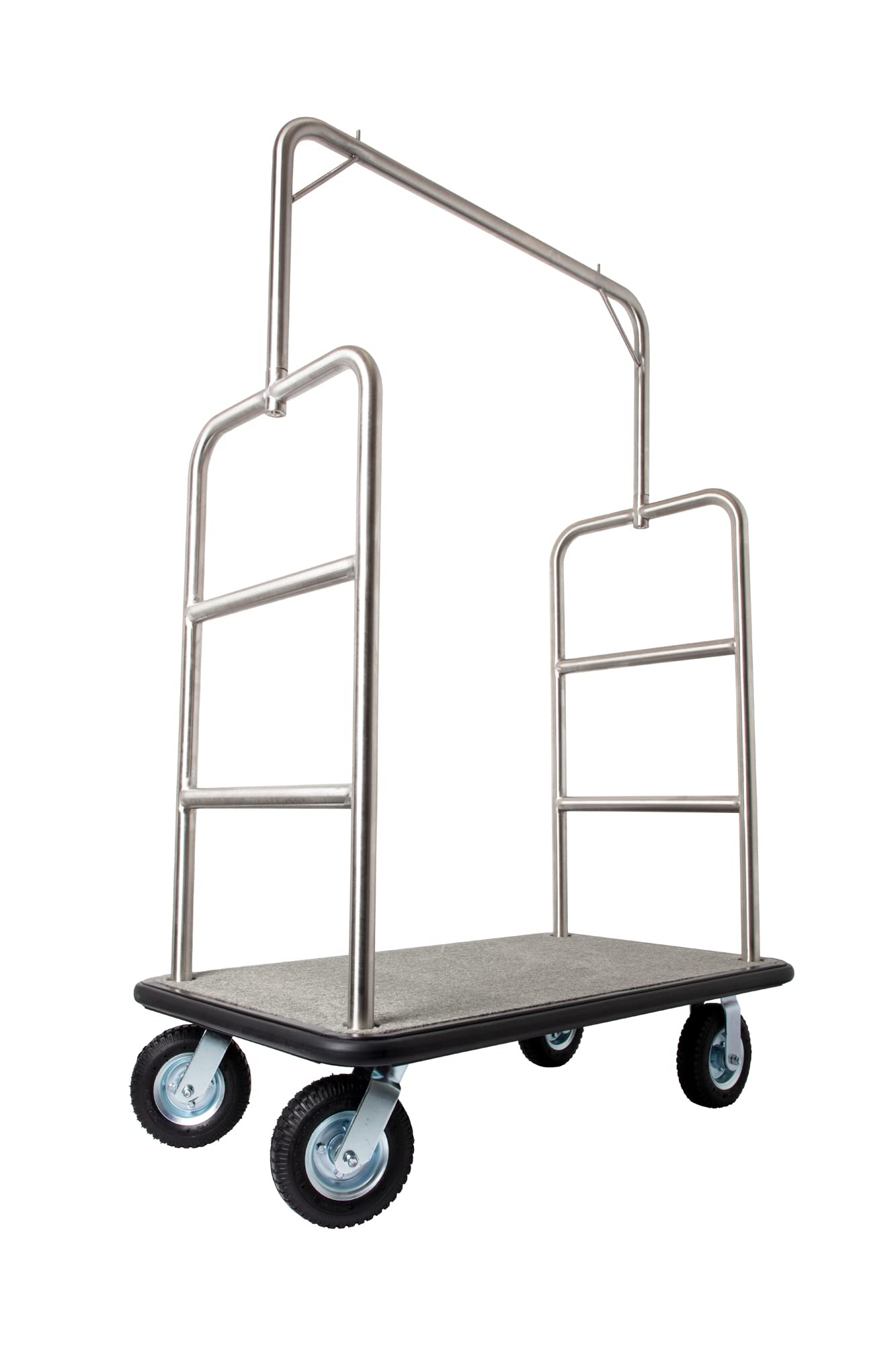 Wholesale Hotel Products Stainless Steel Luggage Cart – 1200lb Capacity – Hotel Bellman Heavy Duty Cart w/ 1.5” Welded Steel Frame, Grey Carpeted Deck & Rubber Wheels, for Travel & Outdoor Use