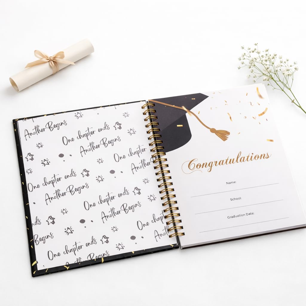 Paper 'n Such Black and Gold Graduation Guest Book, Hardcover Spiral Book with Confetti Design - Grad Party Supplies Favors