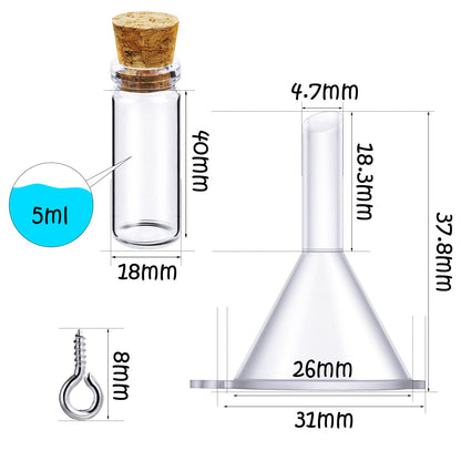 Yungyan 50 Pieces Small Mini Glass Bottles Jars with Cork Stoppers Set, Tiny Cork Glass Bottles with Eye Screws and Small Funnel for Decoration, Art Crafts, DIY Projects, Party Favors(5ml)