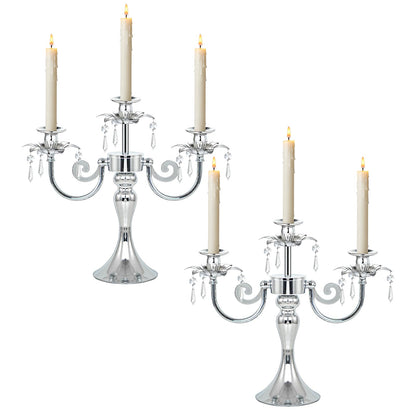 KEHAIL Metal 3 Arm Candelabra with Crystal Pendants - 11.8 Inch Tall Candle Holders, Set of 2 - Elegant Taper Candlestick Stand for Wedding, Dining Table, Christmas Party Home Decoration (2, Silver)