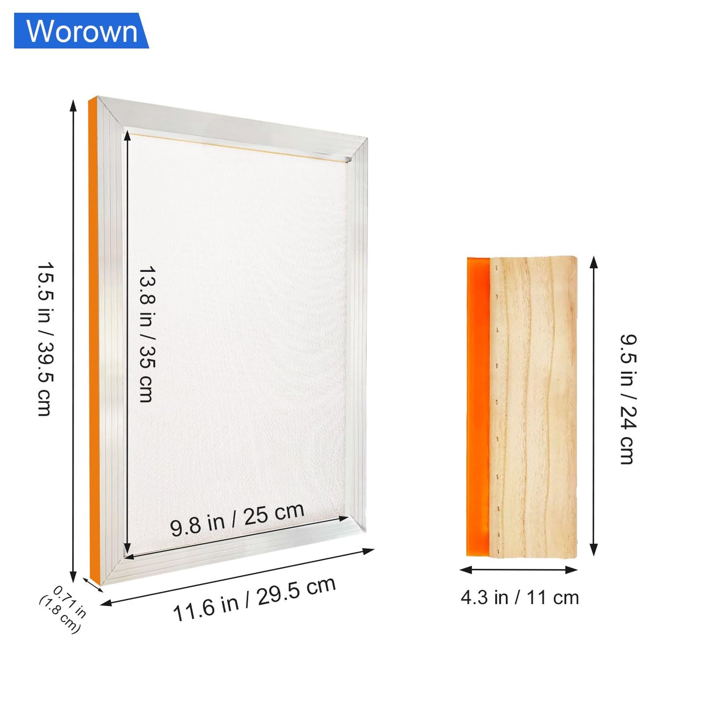 Worown 10 X 14 Inch Aluminum Silk Screen Printing Frame with 110 White Mesh, and Including 4 x 10 Inch Wooden Screen Printing Squeegee