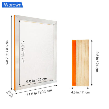 Worown 10 X 14 Inch Aluminum Silk Screen Printing Frame with 110 White Mesh, and Including 4 x 10 Inch Wooden Screen Printing Squeegee