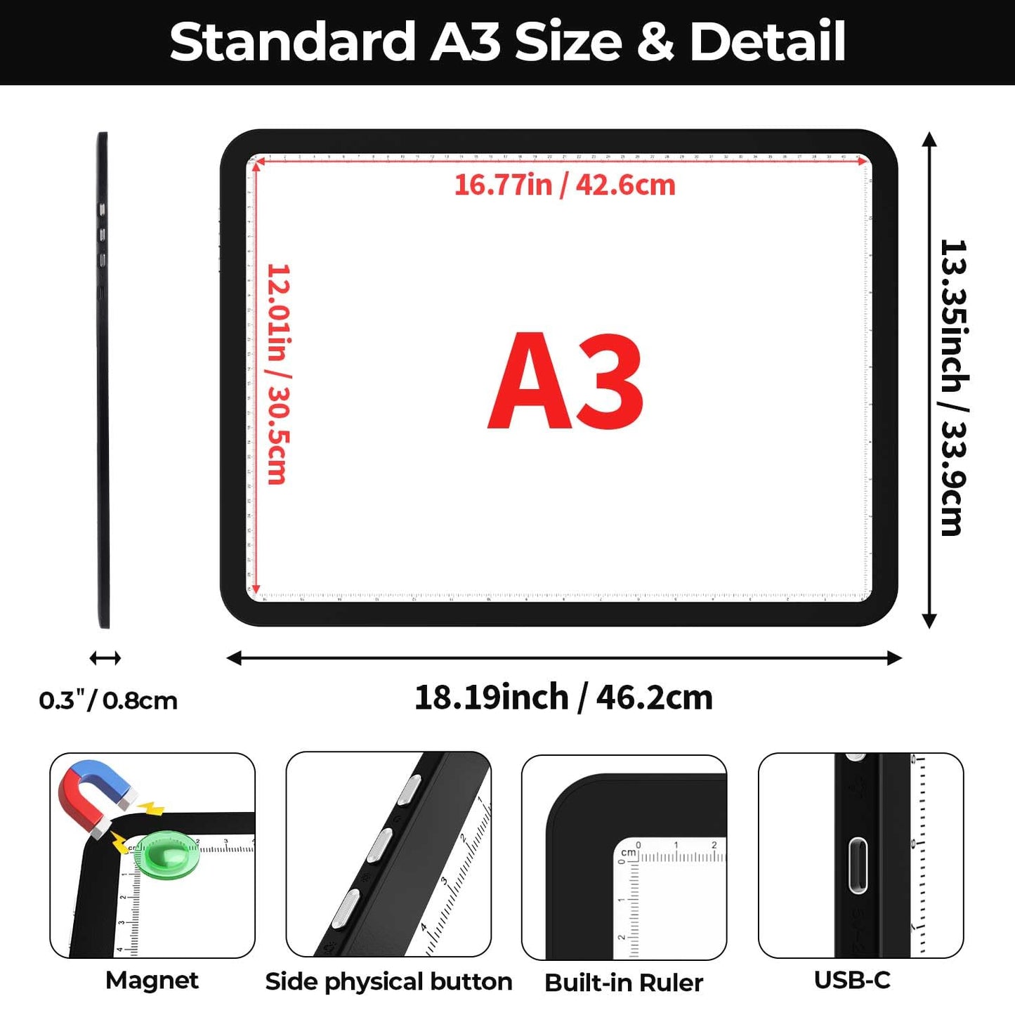 Zocelight A3 Diamond Art Light Board, 16.77×13.35inchs Light Pad,6000 Lux Super Bright Light Box for Tracing,Side Button Design,Magnet Light Table for Diamond Painting,Sketching,Weeding Vinyl(Black)