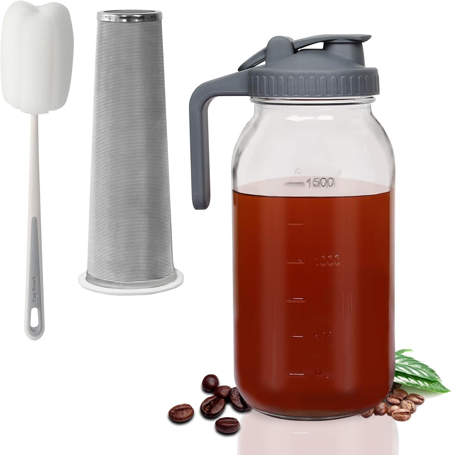 Cold Brew Coffee Maker - 64 Oz (2 Quart) Wide Mouth Glass Mason Jar with Stainless Steel Filter