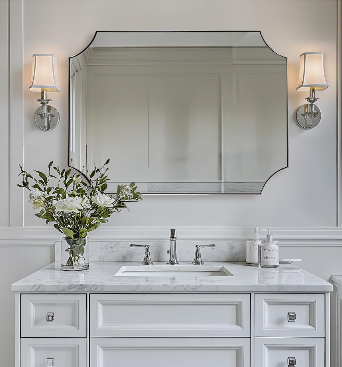 ANDY STAR Brushed Nickel Mirror 30x40 Inch, Scalloped Bathroom Mirror, Silver Bathroom Mirror in Anti-Rust Stainless Steel Metal Thin Frame Deep 1’’, Large Wall-Mounted Mirror (Horizontal/Vertical)