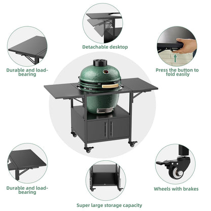 Heavy Duty Outdoor Grill Table for Dual Big Green Eggs, 304 Stainless Steel Prep Station with Storage Cabinet, 4 Swivel Wheels, Foldable Side Shelves, Fits Kamado Joe 18" & Ceramic Grills, M