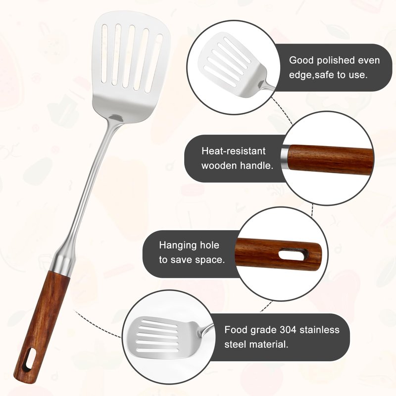 304 Stainless Steel Cooking Utensils Set with Wood Handle,10 Piece Metal Kitchen Utensils Dishwasher Safe Heat Resistant Serving Utensil Wok Tools (13-14in)