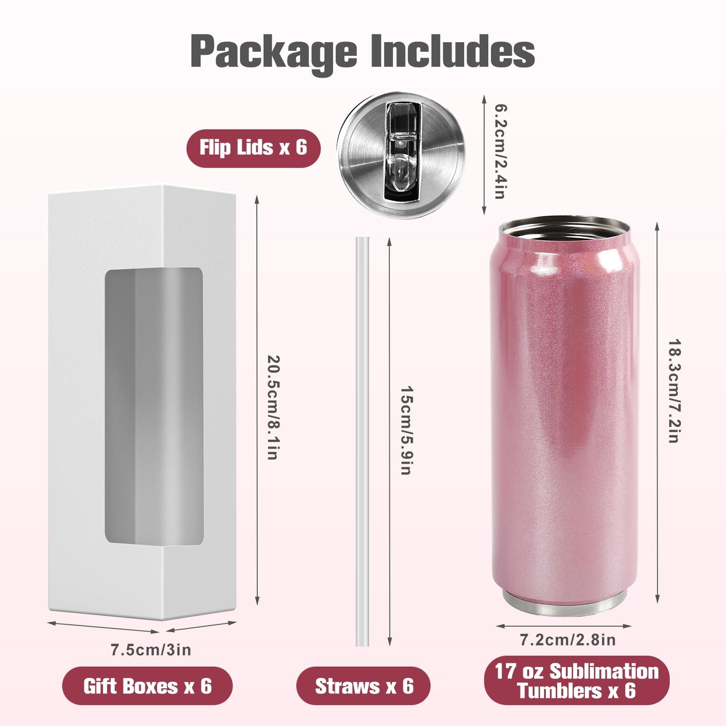 ColorSub 17 oz Sublimation Glitter Tumblers Cans, Stainless Steel Sublimation Blanks Tumblers, Double Wall Insulated Cups Set with Lid, Straw, Gift Box, 6 Pack Pink