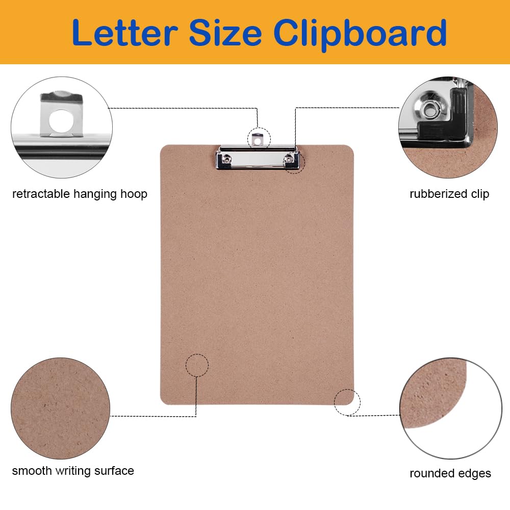 Clipboards Bulk, EZZGOL 36 Pack Letter Size Wood Clipboards, Low Profile Clip, Recycled Hardboard Clipboard with Hang for School Classroom Home