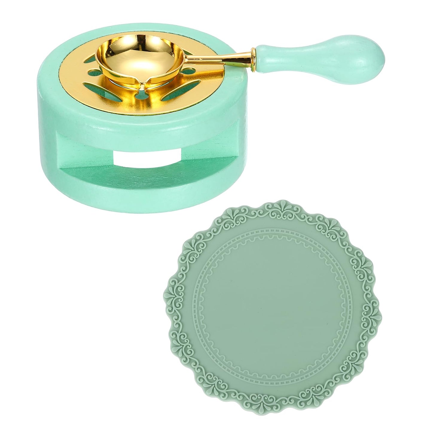 PATIKIL Wax Stamp Seal Kit, Wax Seal Kit Include Sealing Warmer, Melting Spoon, Silicone Pad, Retro Melt Stove Pot Furnace Tool for Envelope Letter Mailing Crafts DIY, Light Green/Green