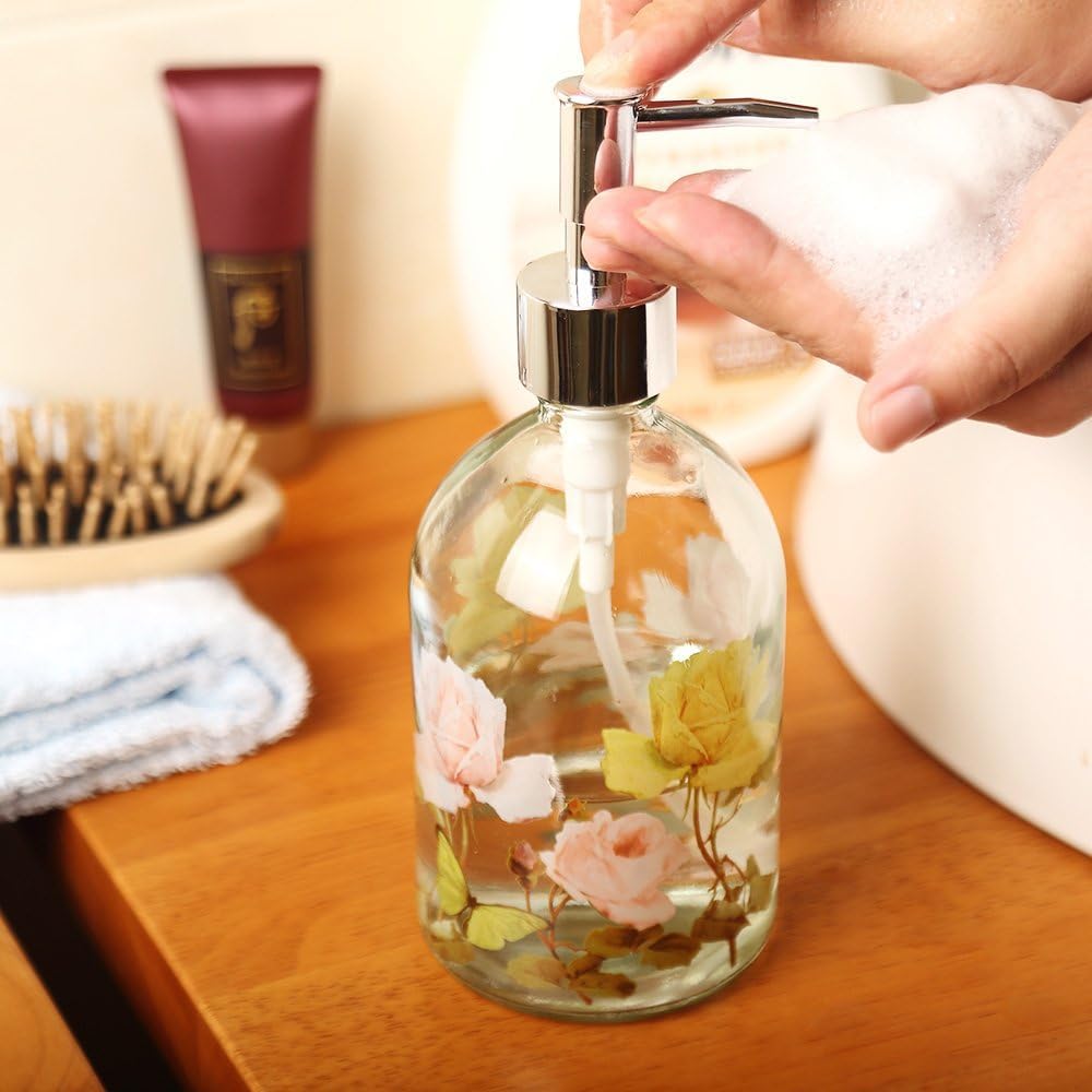 Glass Soap Pump Dispenser Floral and Butterfly, 17 Ounce by A Ting