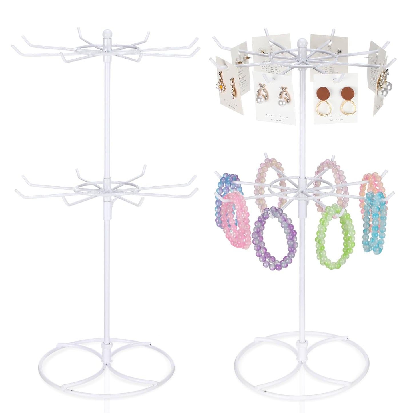 Tandefio 2 Pcs Rotating Bracelet Display Stand Jewelry Rack Metal Adjustable Display Holder with Hooks Organizer for Necklace (White,2 Tier)