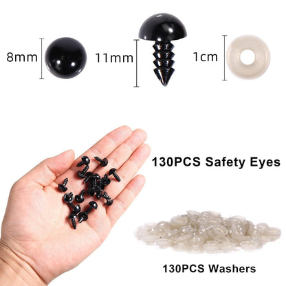 Vanblue Safety Eyes 260PCS 8mm Plastic Black Craft Eyes with Washers Teddy Bear Eyes for Amigurumi Stuffed Animals Crochet Toys Crafts Making Halloween Decorations