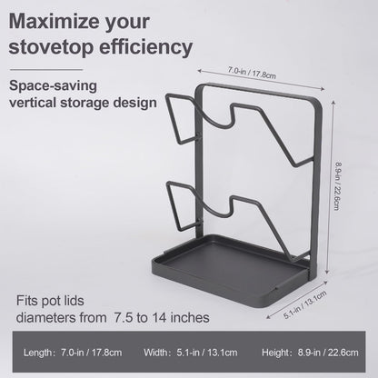 Space-Saving Carbon Steel Pot Lid Holder While Cooking, Double-Layer Kitchen Pot Lid Storage Rack with Removable Drip Tray, Spoon Rest for Ladle, Spatula & Pan Cover(Dark Grey)
