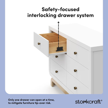 Storkcraft Santorini 6 Drawer Double Dresser (White with Driftwood) - GREENGUARD Gold Certified, Interlocking Drawer System, Dresser Drawer Organizer for Kids Bedroom