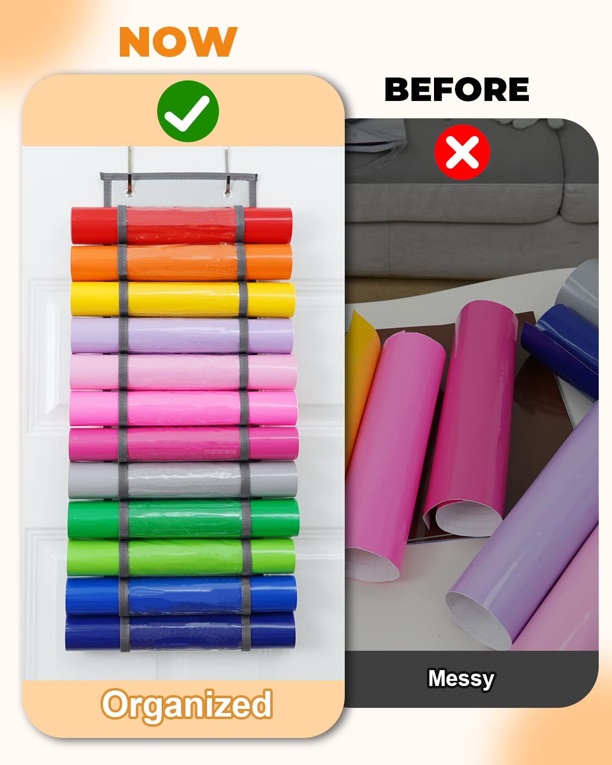 UCEC 12 Compartment Vinyl Roll Storage Organizer, Clear PVC, Hanging Wall Mount for Cricut Vinyl, Gift Wrap, Craft Paper