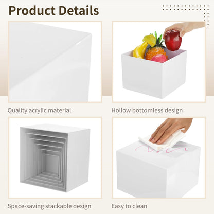 6 Pcs Buffet Display Risers, 3 to 8 Inch White Acrylic Showcase Boxes Set, Versatile Food & Dessert Display Stands with Hollow Bottoms, Ideal for Weddings, Parties, Jewelry & Retail Presentation