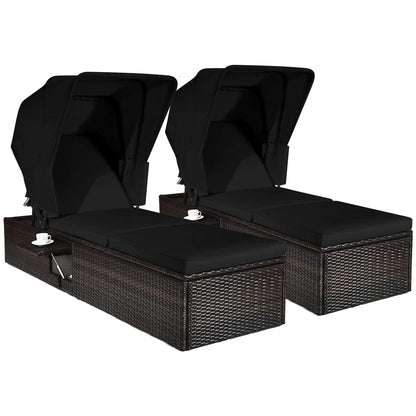 HAPPYGRILL Patio Chaise Lounge with Retractable Canopy, Outdoor Reclining Chair with Adjustable Backrest, Rattan Wicker Daybed with Coffee Table for Beach Poolside Backyard Balcony Porch